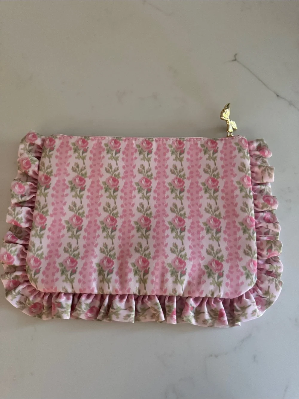 LoveShackFancy Pink Floral Ruffle Kids Pouch with Gold-tone Charm